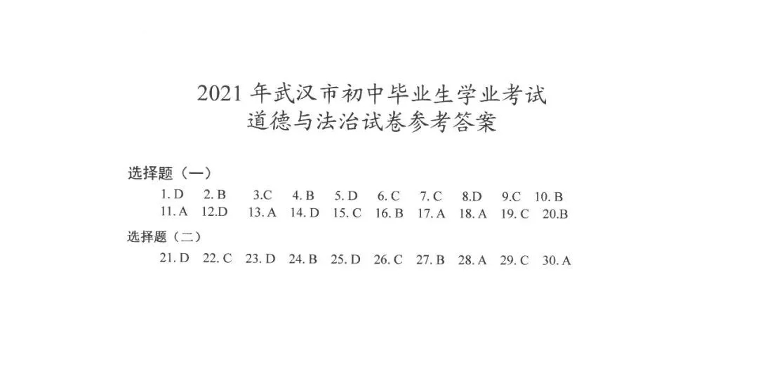 021年武汉中考道德与法治试卷及答案"