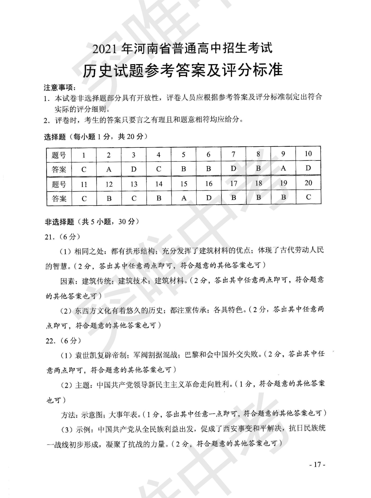 021年河南郑州中考历史试题及答案"